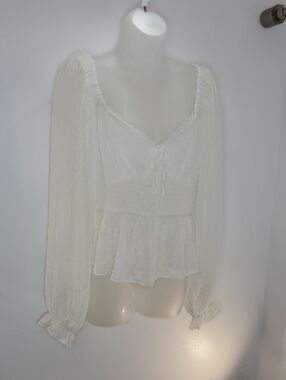 Francesca's Collections White Swiss Dot Smocked Peplum Blouse